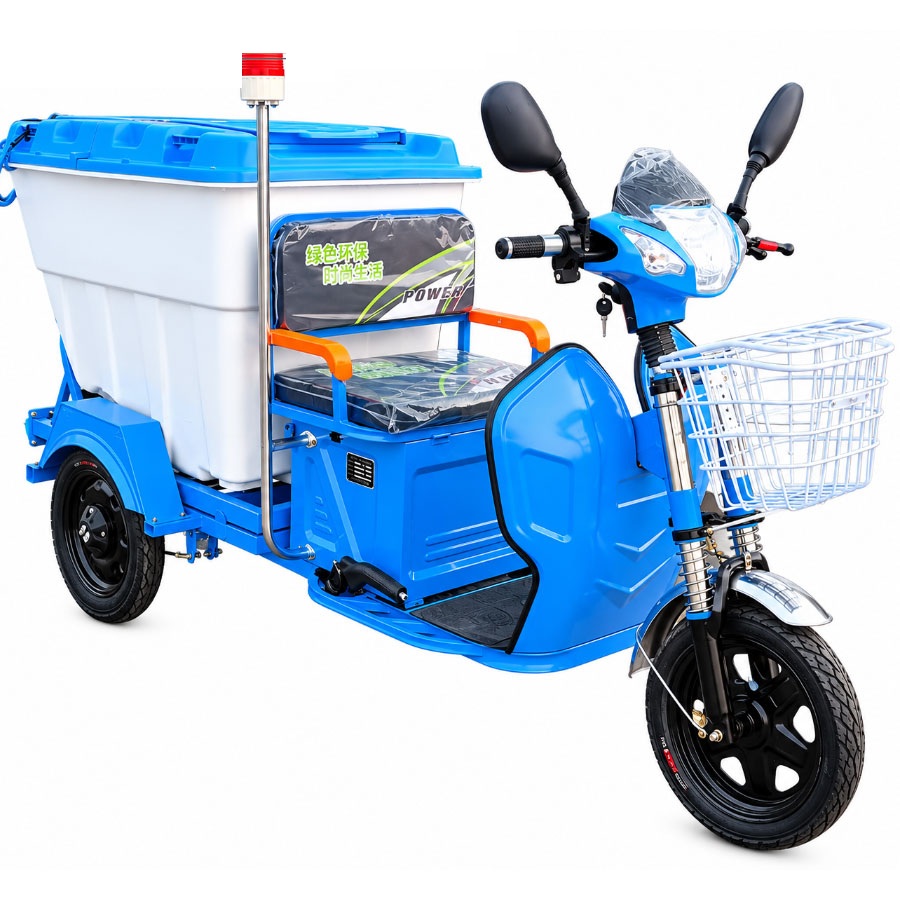 Xe Điện 3 Bánh Chở Rác Có Giỏ, Đèn Báo Hiệu