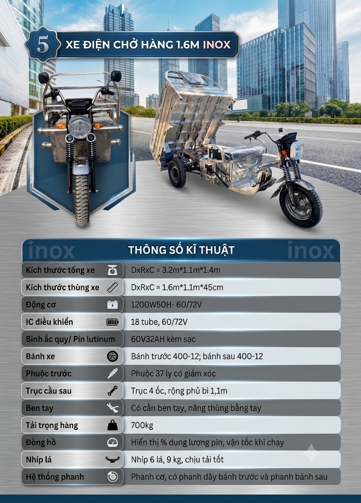 Top 3 Xe Điện Chở Hàng Đáng Đầu Tư Cho Nhà Máy 2026 3 Xe điện 3 bánh chở hàng 1.6M INOX
