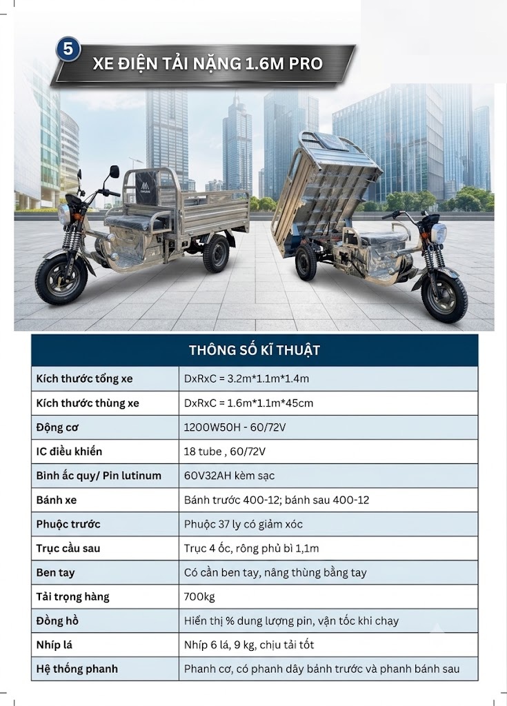 Top 3 Xe Điện Chở Hàng Đáng Đầu Tư Cho Nhà Máy 2026 2 Xe điện chở hàng 1.6M PRO tải trọng 1500kg