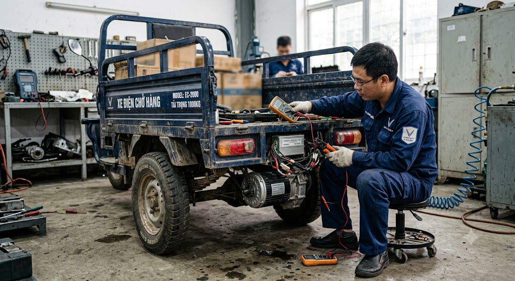 Hình ảnh thực tế đang kiểm tra bộ điều khiển và động cơ của một chiếc xe điện chở hàng tại xưởng